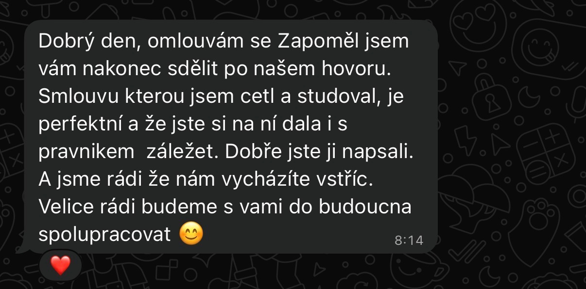 Zpráva od klienta s poděkováním za spolupráci
