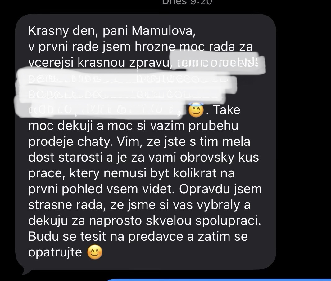 Zpráva od klientky s poděkováním za prodej chaty